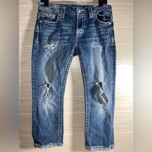 Miss Me JE8566EC Denim Distressed Sequin Mid Rise Easy Crop Capri Women Sz 28